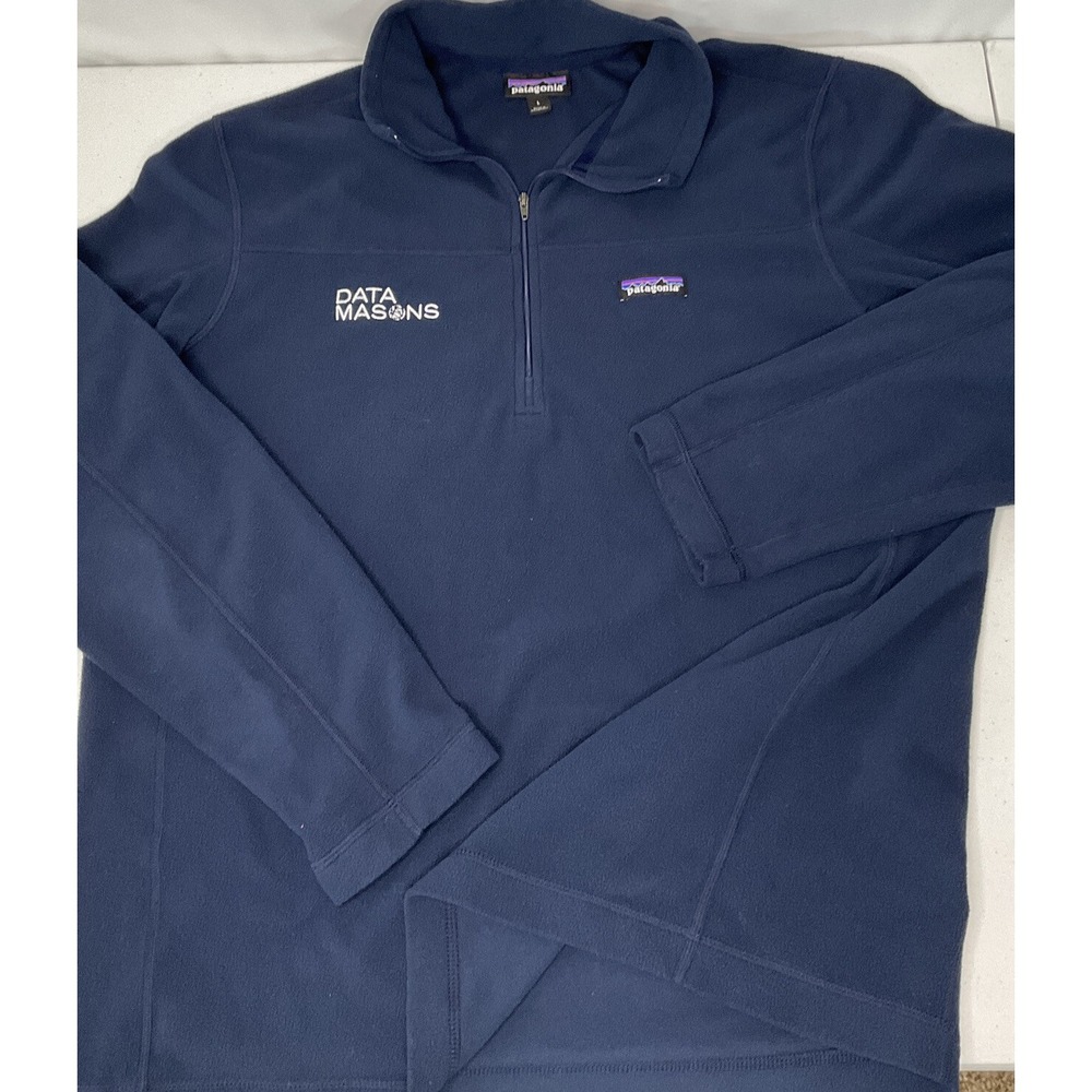 Patagonia 1/4 Zip Pullover Fleece Sweater Mens Sz L Navy Blue Data Masons Logo - Picture 7 of 8